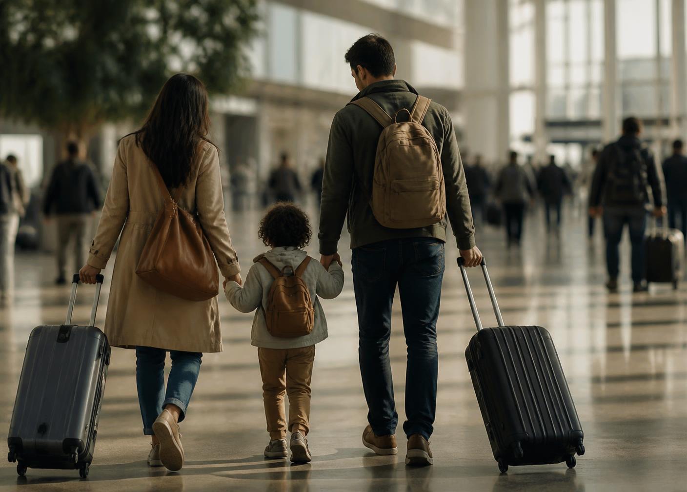Família com malas caminhando pelo saguão de embarque de um aeroporto